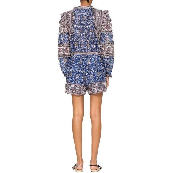 Sea Womens Rosita Blue Printed Mini Bishop-Sleeve Romper NWOT - Picture 2 of 3